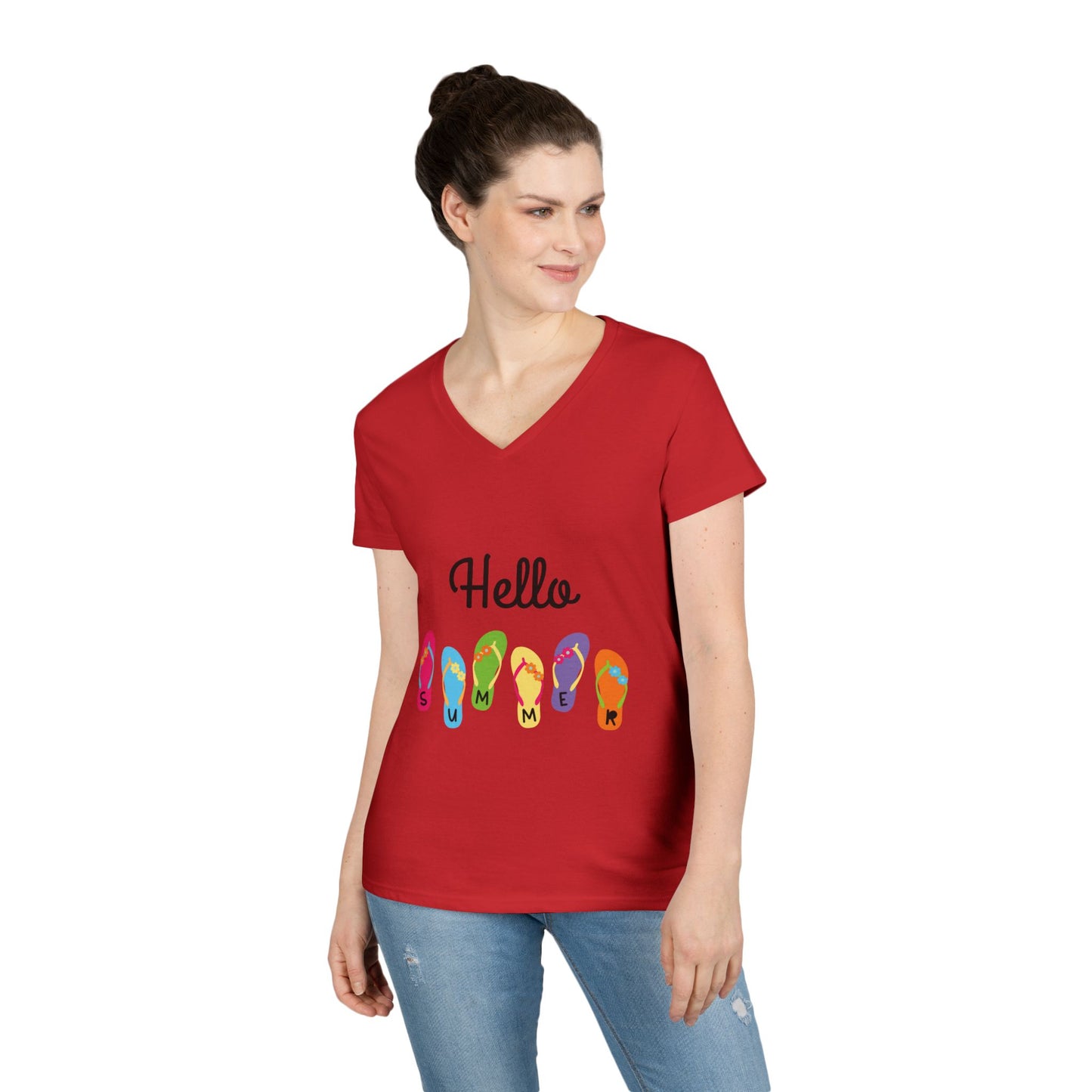 Hello Summer Flip Flop V-Neck T-Shirt, Vacation Tee, Beachwear, Casual Summer Outfit