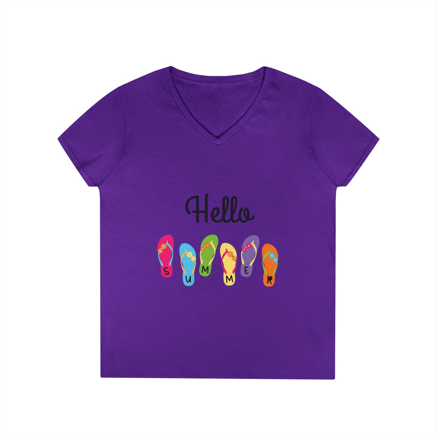Hello Summer Flip Flop V-Neck T-Shirt, Vacation Tee, Beachwear, Casual Summer Outfit Printify