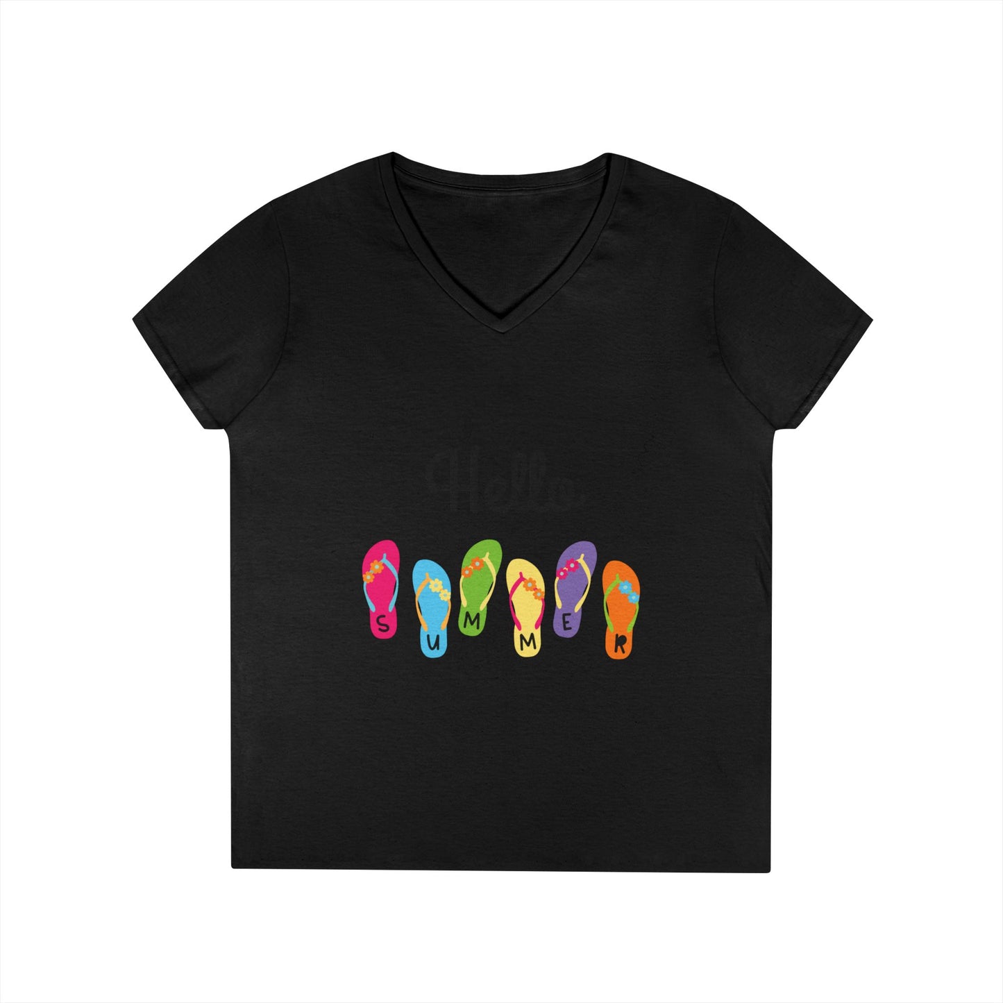 Hello Summer Flip Flop V-Neck T-Shirt, Vacation Tee, Beachwear, Casual Summer Outfit