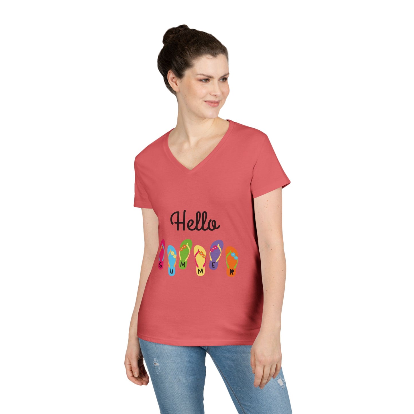 Hello Summer Flip Flop V-Neck T-Shirt, Vacation Tee, Beachwear, Casual Summer Outfit