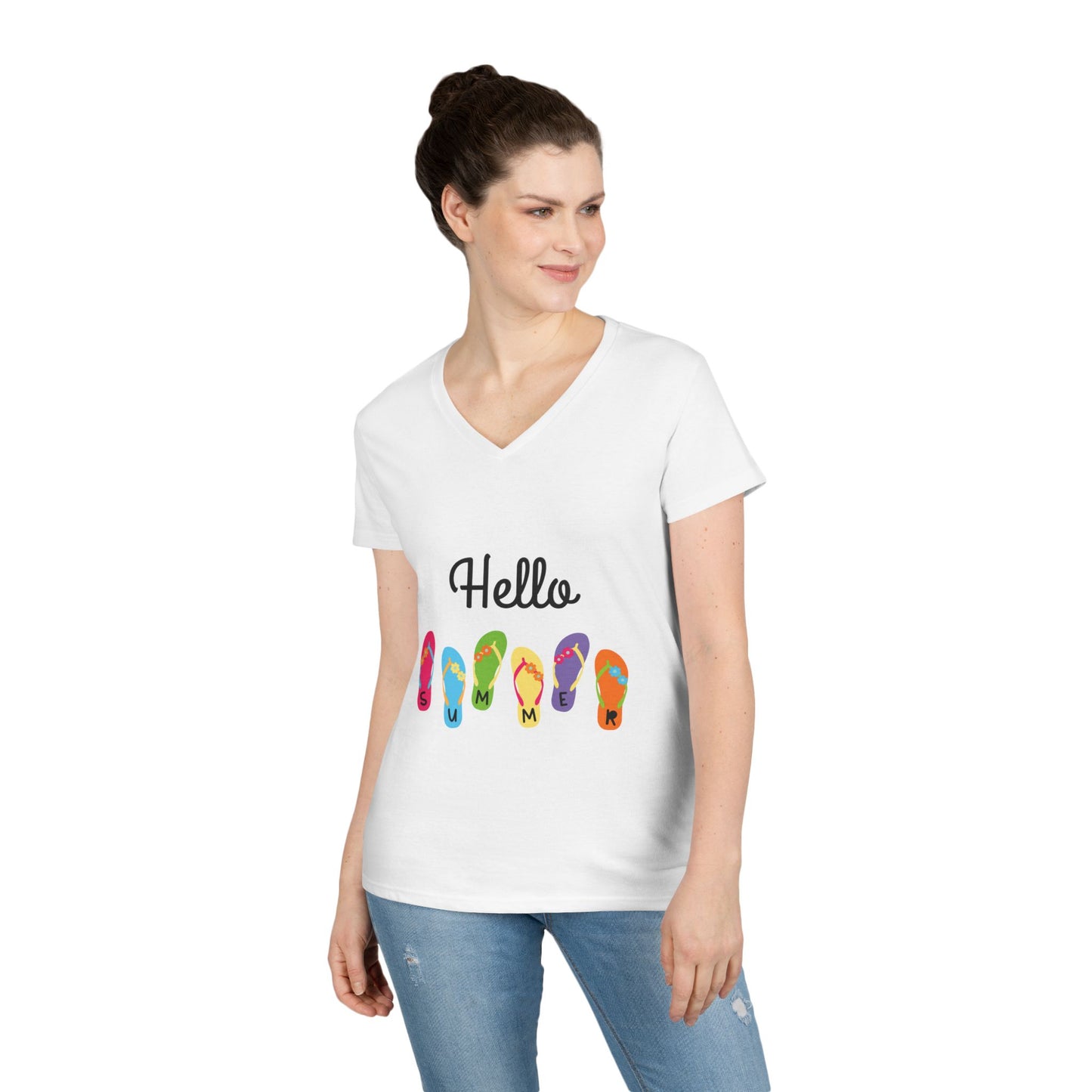 Hello Summer Flip Flop V-Neck T-Shirt, Vacation Tee, Beachwear, Casual Summer Outfit Printify