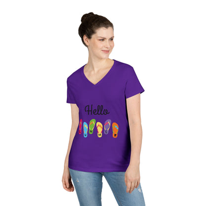Hello Summer Flip Flop V-Neck T-Shirt, Vacation Tee, Beachwear, Casual Summer Outfit