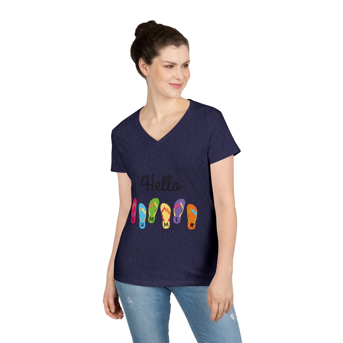 Hello Summer Flip Flop V-Neck T-Shirt, Vacation Tee, Beachwear, Casual Summer Outfit
