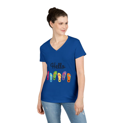 Hello Summer Flip Flop V-Neck T-Shirt, Vacation Tee, Beachwear, Casual Summer Outfit