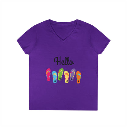Hello Summer Flip Flop V-Neck T-Shirt, Vacation Tee, Beachwear, Casual Summer Outfit Printify