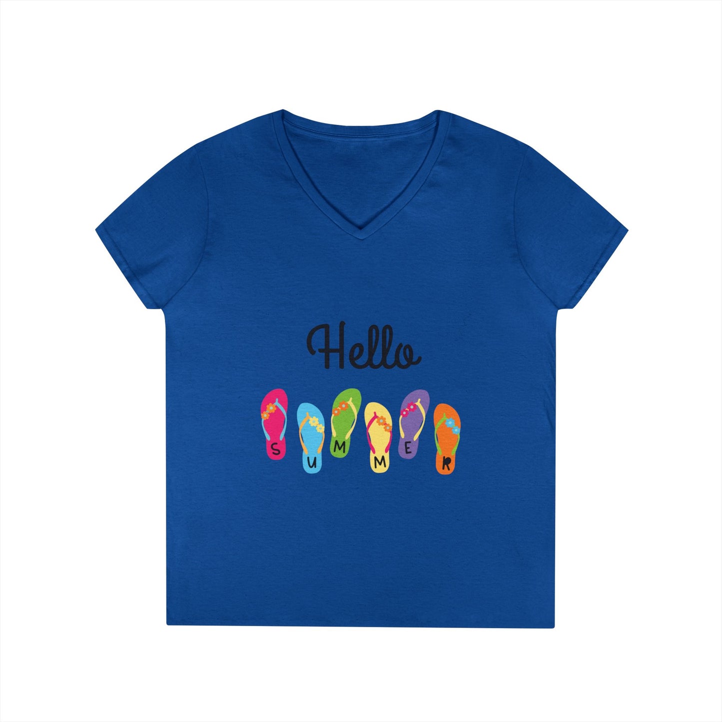 Hello Summer Flip Flop V-Neck T-Shirt, Vacation Tee, Beachwear, Casual Summer Outfit