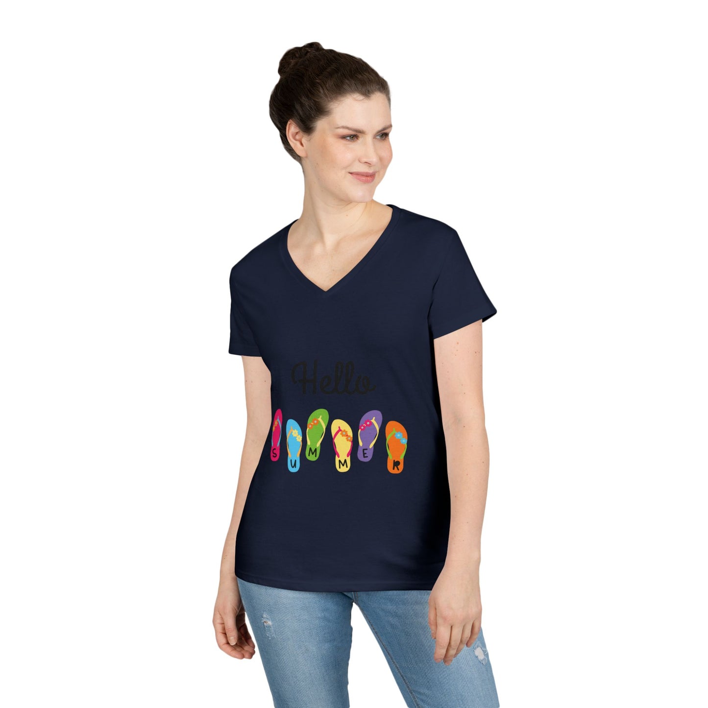 Hello Summer Flip Flop V-Neck T-Shirt, Vacation Tee, Beachwear, Casual Summer Outfit