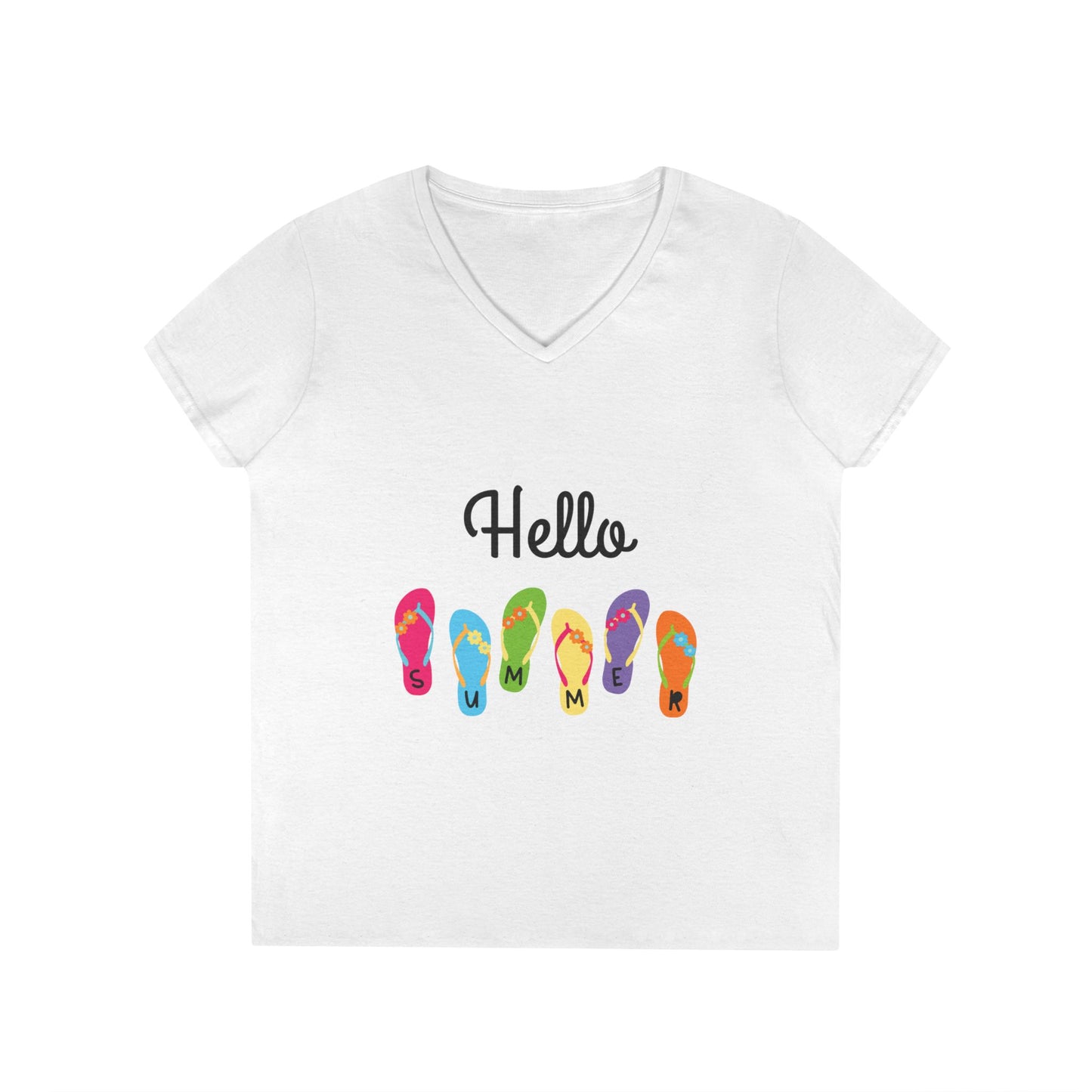 Hello Summer Flip Flop V-Neck T-Shirt, Vacation Tee, Beachwear, Casual Summer Outfit