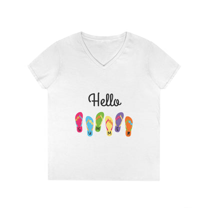 Hello Summer Flip Flop V-Neck T-Shirt, Vacation Tee, Beachwear, Casual Summer Outfit