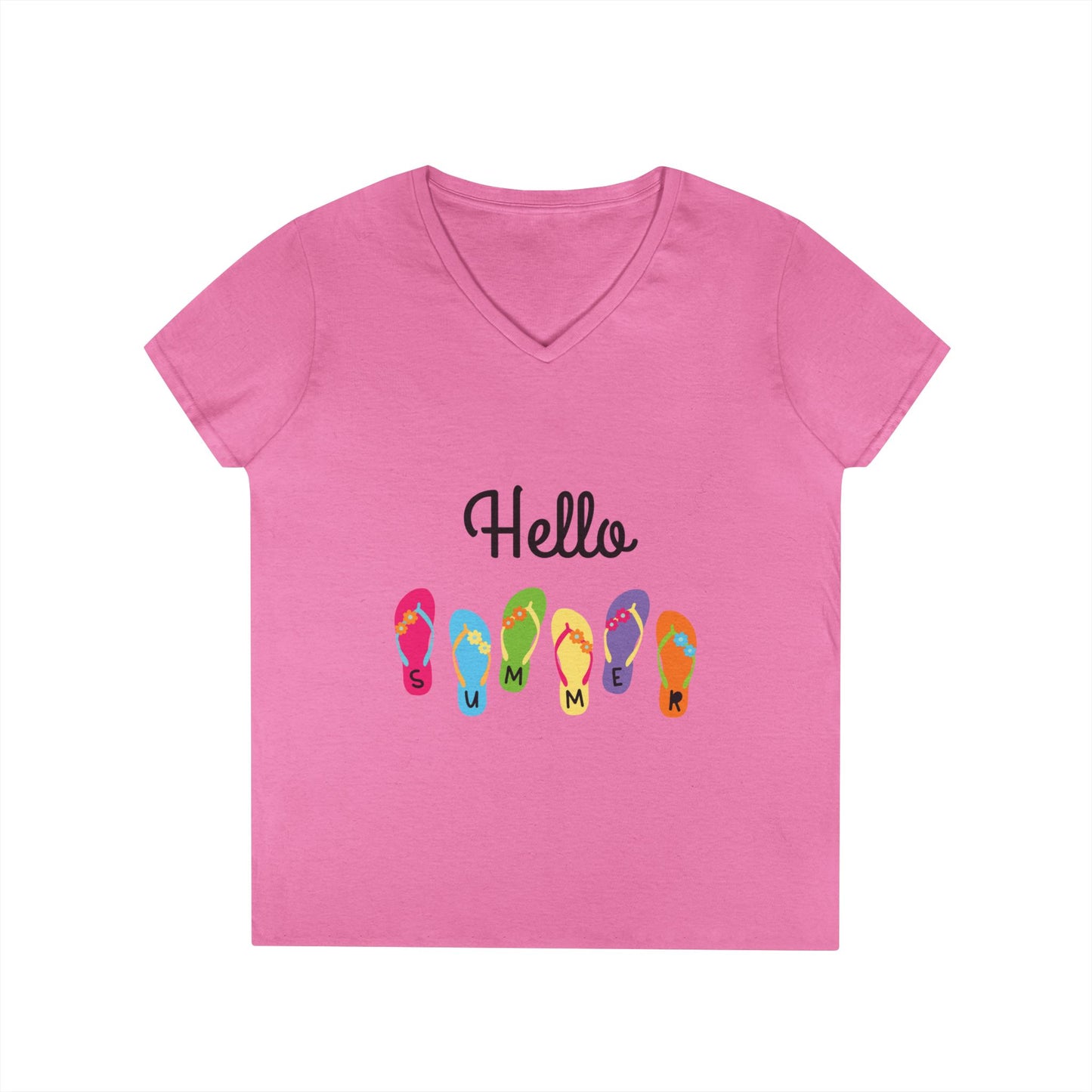 Hello Summer Flip Flop V-Neck T-Shirt, Vacation Tee, Beachwear, Casual Summer Outfit