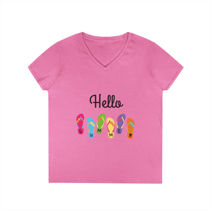 Hello Summer Flip Flop V-Neck T-Shirt, Vacation Tee, Beachwear, Casual Summer Outfit