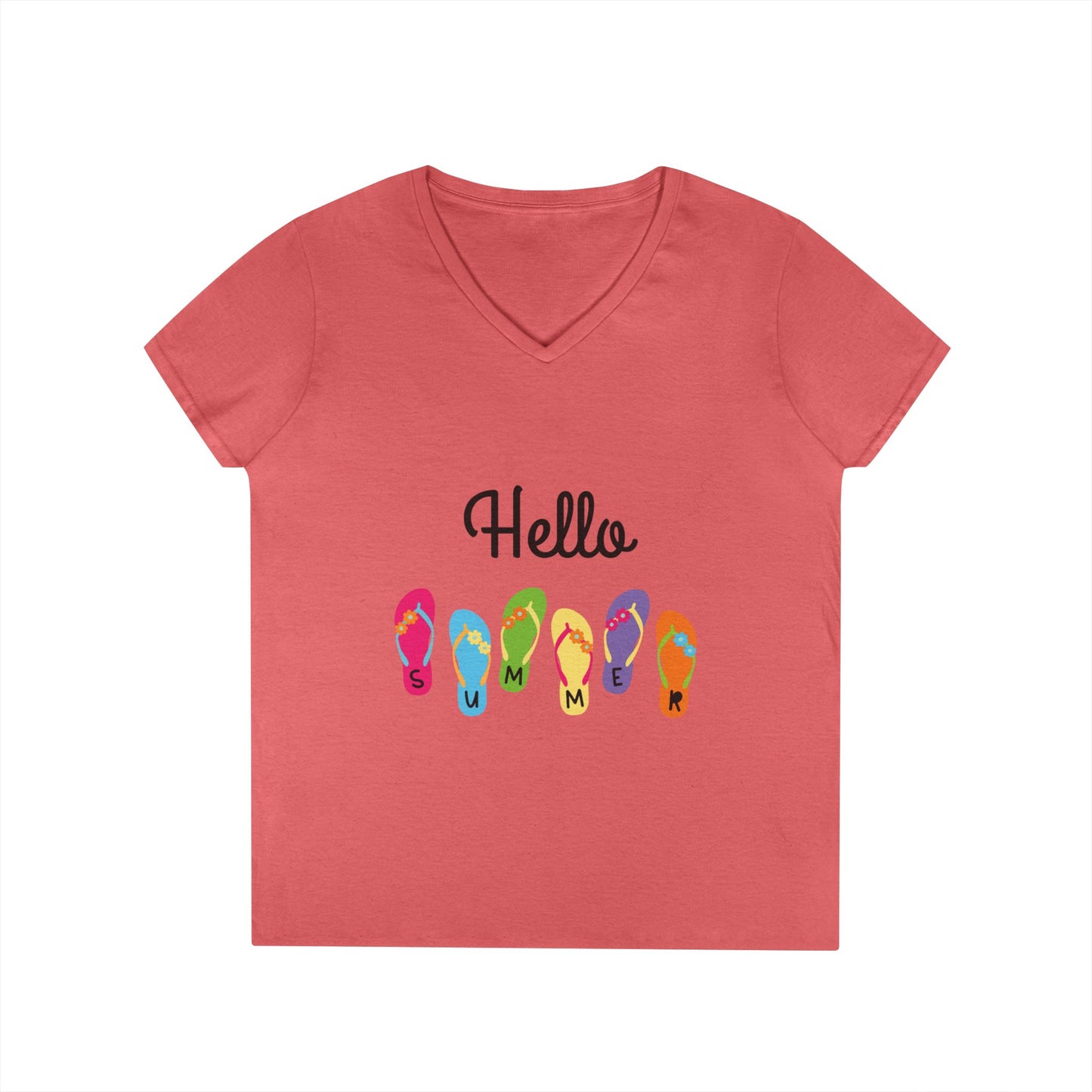 Hello Summer Flip Flop V-Neck T-Shirt, Vacation Tee, Beachwear, Casual Summer Outfit