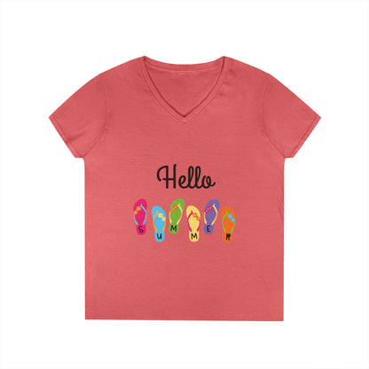 Hello Summer Flip Flop V-Neck T-Shirt, Vacation Tee, Beachwear, Casual Summer Outfit