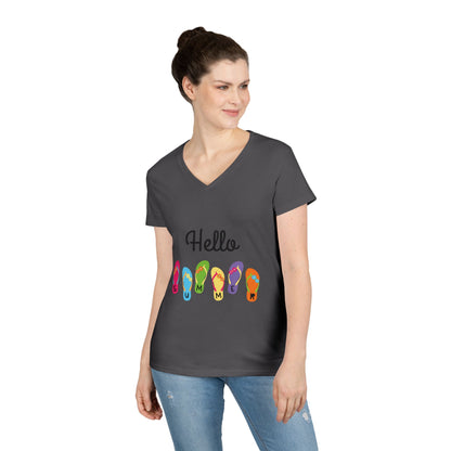 Hello Summer Flip Flop V-Neck T-Shirt, Vacation Tee, Beachwear, Casual Summer Outfit