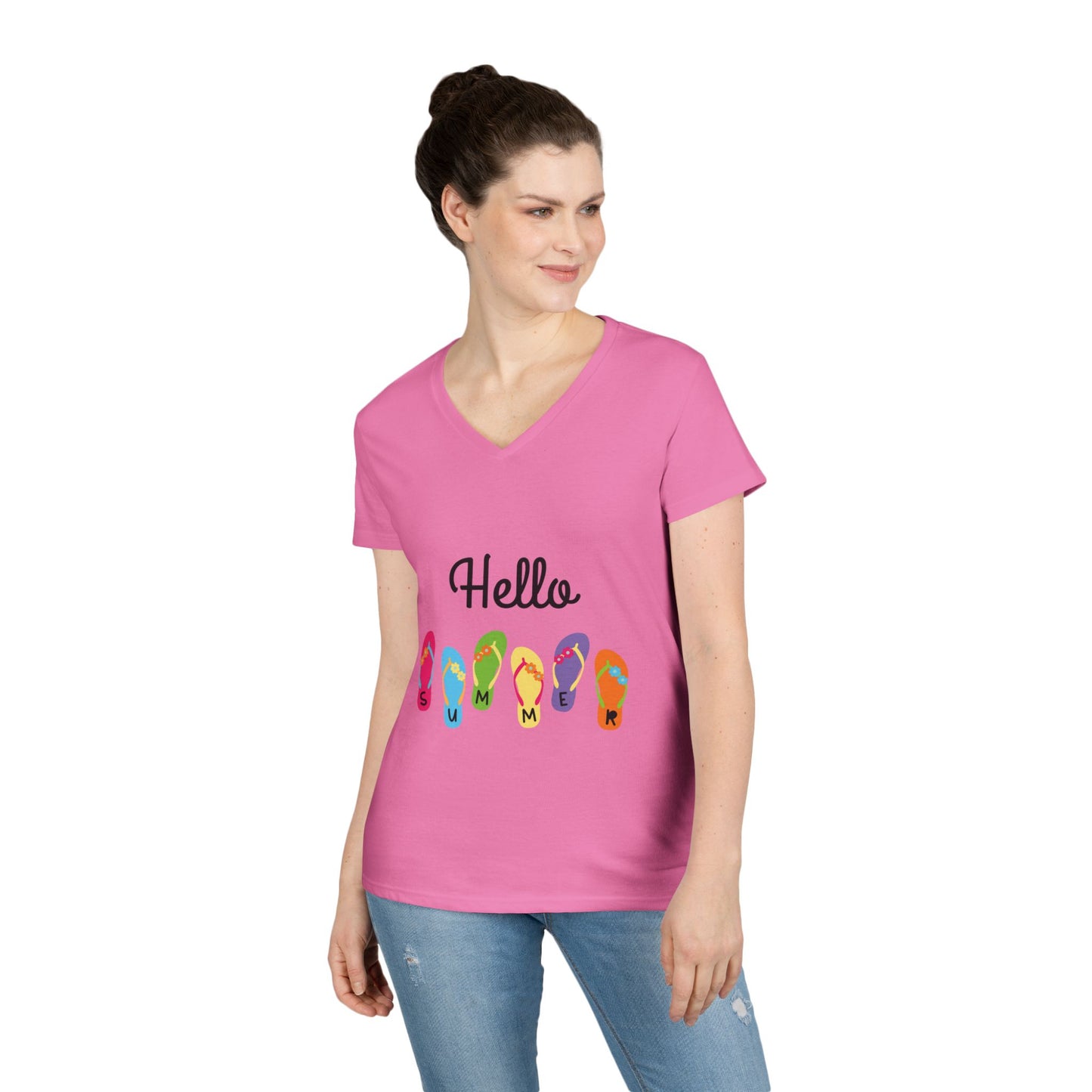 Hello Summer Flip Flop V-Neck T-Shirt, Vacation Tee, Beachwear, Casual Summer Outfit