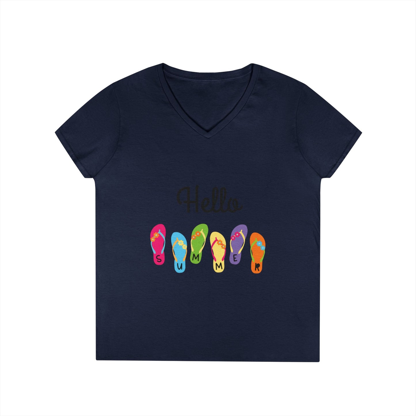 Hello Summer Flip Flop V-Neck T-Shirt, Vacation Tee, Beachwear, Casual Summer Outfit
