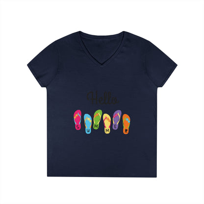 Hello Summer Flip Flop V-Neck T-Shirt, Vacation Tee, Beachwear, Casual Summer Outfit