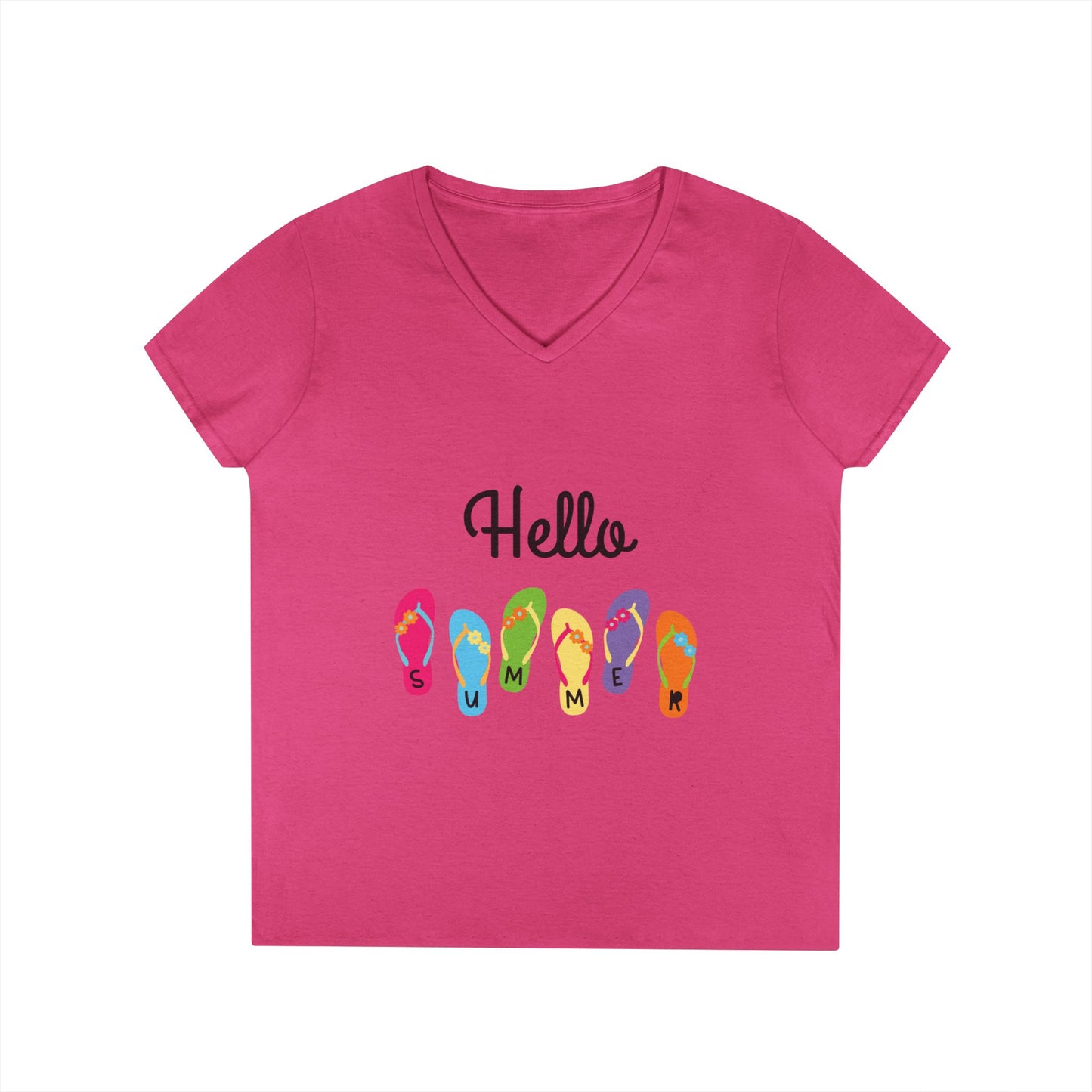Hello Summer Flip Flop V-Neck T-Shirt, Vacation Tee, Beachwear, Casual Summer Outfit