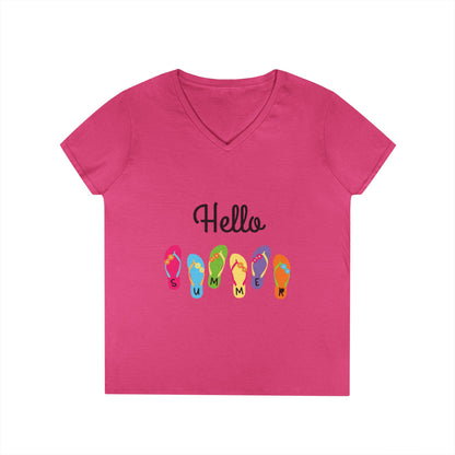 Hello Summer Flip Flop V-Neck T-Shirt, Vacation Tee, Beachwear, Casual Summer Outfit