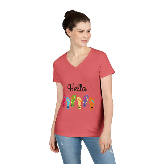 Hello Summer Flip Flop V-Neck T-Shirt, Vacation Tee, Beachwear, Casual Summer Outfit
